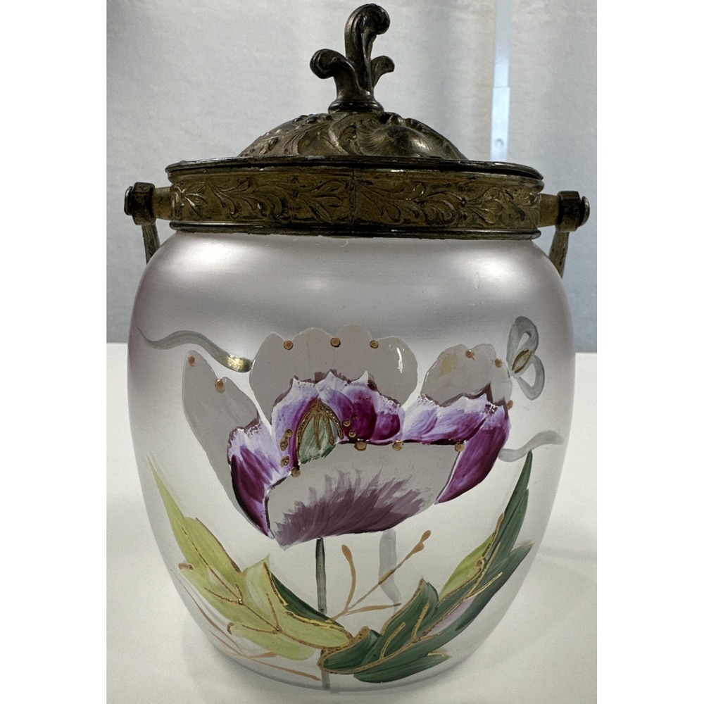 Antique Victorian Hand Painted Satin Glass Biscuit Cracker Jar Brass Mount c1890
